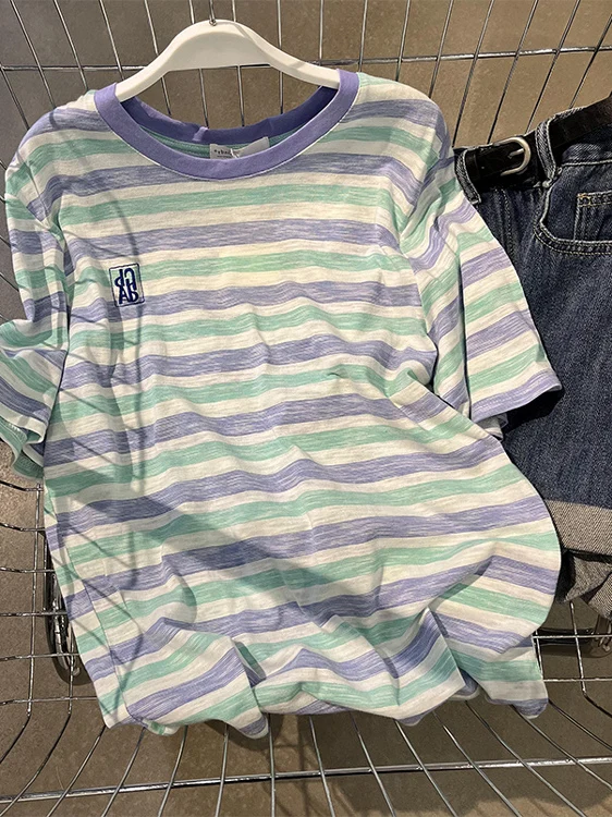 Korean Style Loose Women's Short Sleeve T-Shirt Striped Color Block Casual Fashionable Youthful Shoulder Appropriate Top
Korean Style Loose Women's Short Sleeve T-Shirt Striped Color Block Casual Fashionable Youthful Shoulder Appropriate Top