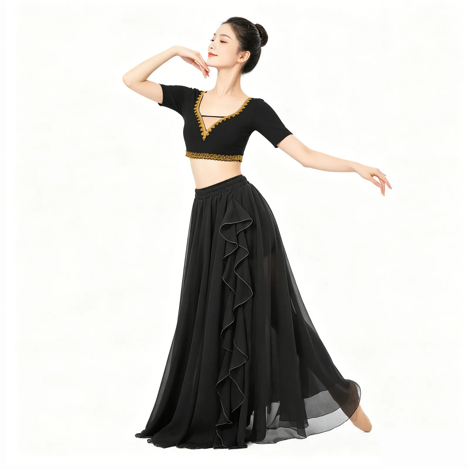 Womens Oriental Folk Belly Dance Costume Short Sleeve Crop Top And Ruffled Sheer Long Maxi Skirts Stage Performance Outfits
Womens Oriental Folk Belly Dance Costume Short Sleeve Crop Top And Ruffled Sheer Long Maxi Skirts Stage Performance Outfits