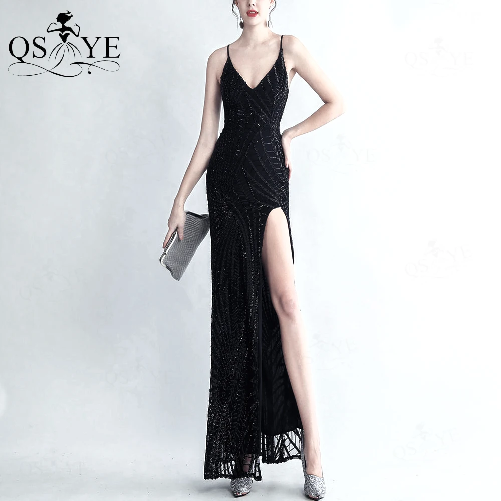 Sexy V neck Black Evening Dresses Spaghetti Straps Sequin Prom Gown Pattern Lace Open Back Woman Front Split Girl Party Dress
Sexy V neck Black Evening Dresses Spaghetti Straps Sequin Prom Gown Pattern Lace Open Back Woman Front Split Girl Party Dress