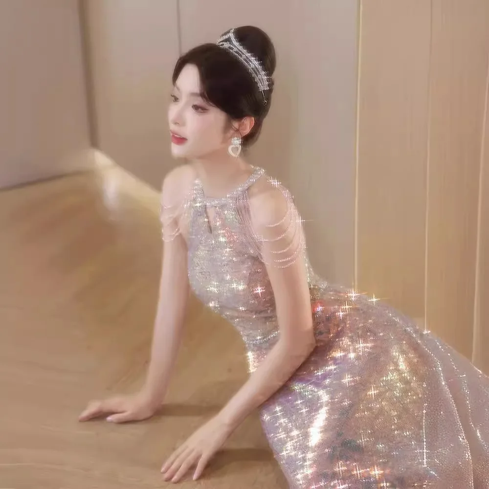 Pink Sequins Evening Dress Beading Tassel Off Shoulder Floor Length Formal Dress Large Size Women Banquet Gown
Pink Sequins Evening Dress Beading Tassel Off Shoulder Floor Length Formal Dress Large Size Women Banquet Gown