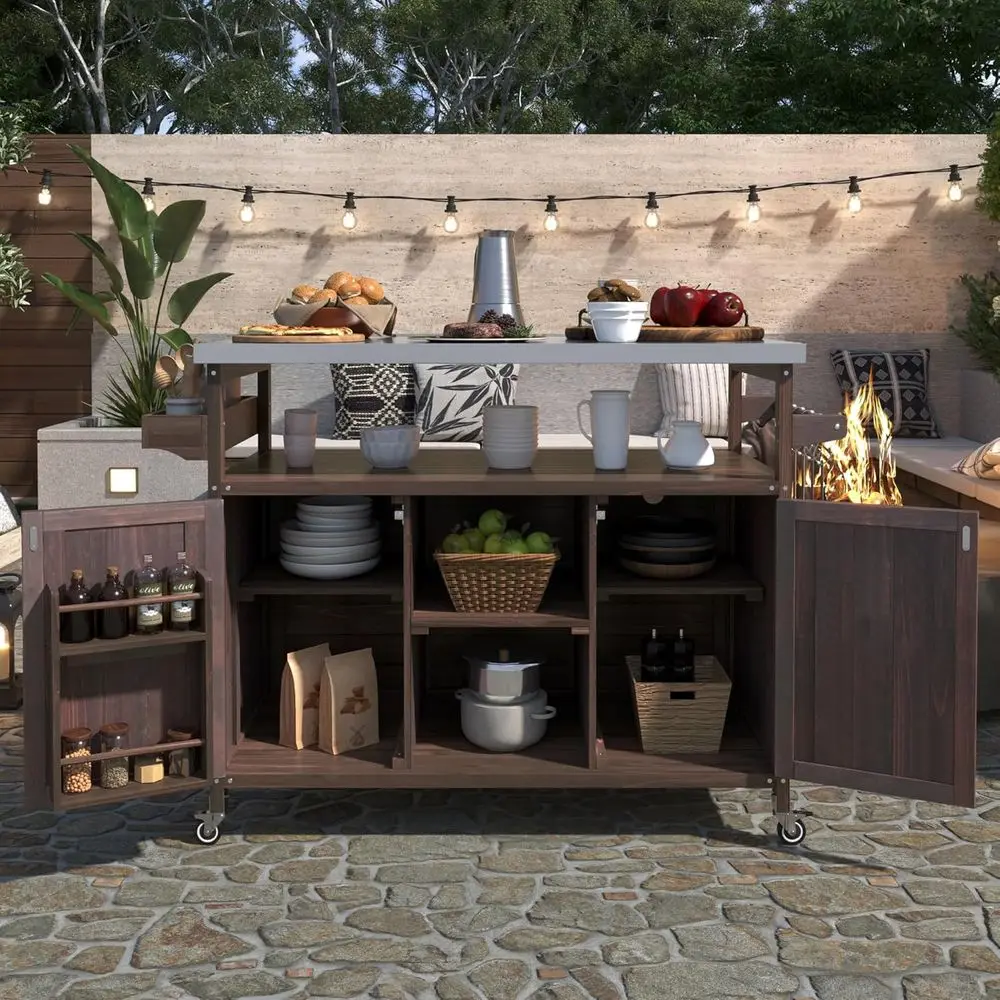 Outdoor Patio Kitchen Island with Storage, Stainless Steel Top, Spice Rack, Towel Holder, Hooks, and Locking Wheels (Brown)
Outdoor Patio Kitchen Island with Storage, Stainless Steel Top, Spice Rack, Towel Holder, Hooks, and Locking Wheels (Brown)