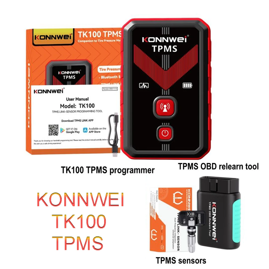 KONNWEI TK100 TPMS Programming Tool Tire Pressure Sensor Activator 315/433MHz OBD Relearn TPMS Lifetime Free Update for All Cars
KONNWEI TK100 TPMS Programming Tool Tire Pressure Sensor Activator 315/433MHz OBD Relearn TPMS Lifetime Free Update for All Cars