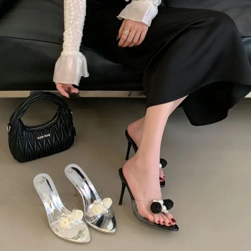 Silver Stiletto Heeled Sandals Summer Silk Flowers And Pearls Ladies Slippers Black Transparent PVC High Heel Shoes Size 42
Silver Stiletto Heeled Sandals Summer Silk Flowers And Pearls Ladies Slippers Black Transparent PVC High Heel Shoes Size 42