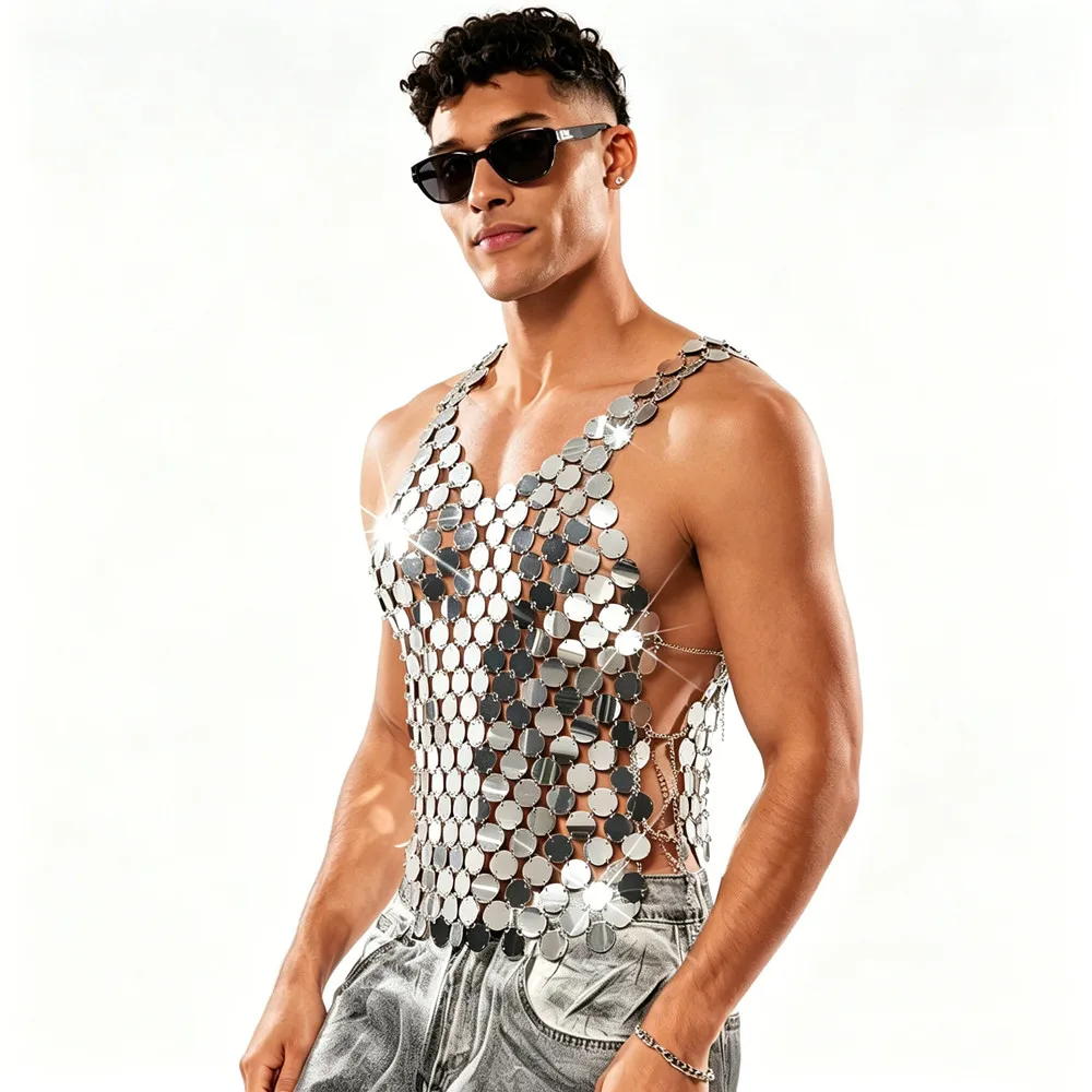 Men's Silver Mirror Metal Chain Vest Sexy Splicing Hollow Sequin Top for Party Music Festival Singer Dancer Nightclub Costume
Men's Silver Mirror Metal Chain Vest Sexy Splicing Hollow Sequin Top for Party Music Festival Singer Dancer Nightclub Costume