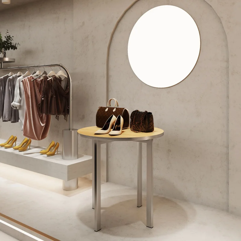 Custom. new clothes shop custom powder coat iron stand wood round top handbag display tables for shops
Custom. new clothes shop custom powder coat iron stand wood round top handbag display tables for shops