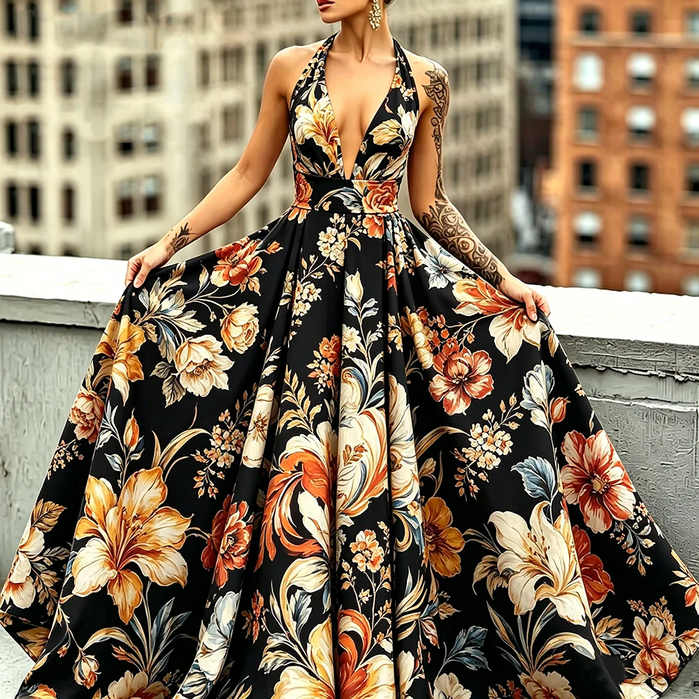 Women's Summer Vintage Floral Print Maxi Dress Halter Deep V Sleeveless Gathered Waist Slim Dress Elegant Evening Casual Dress
Women's Summer Vintage Floral Print Maxi Dress Halter Deep V Sleeveless Gathered Waist Slim Dress Elegant Evening Casual Dress