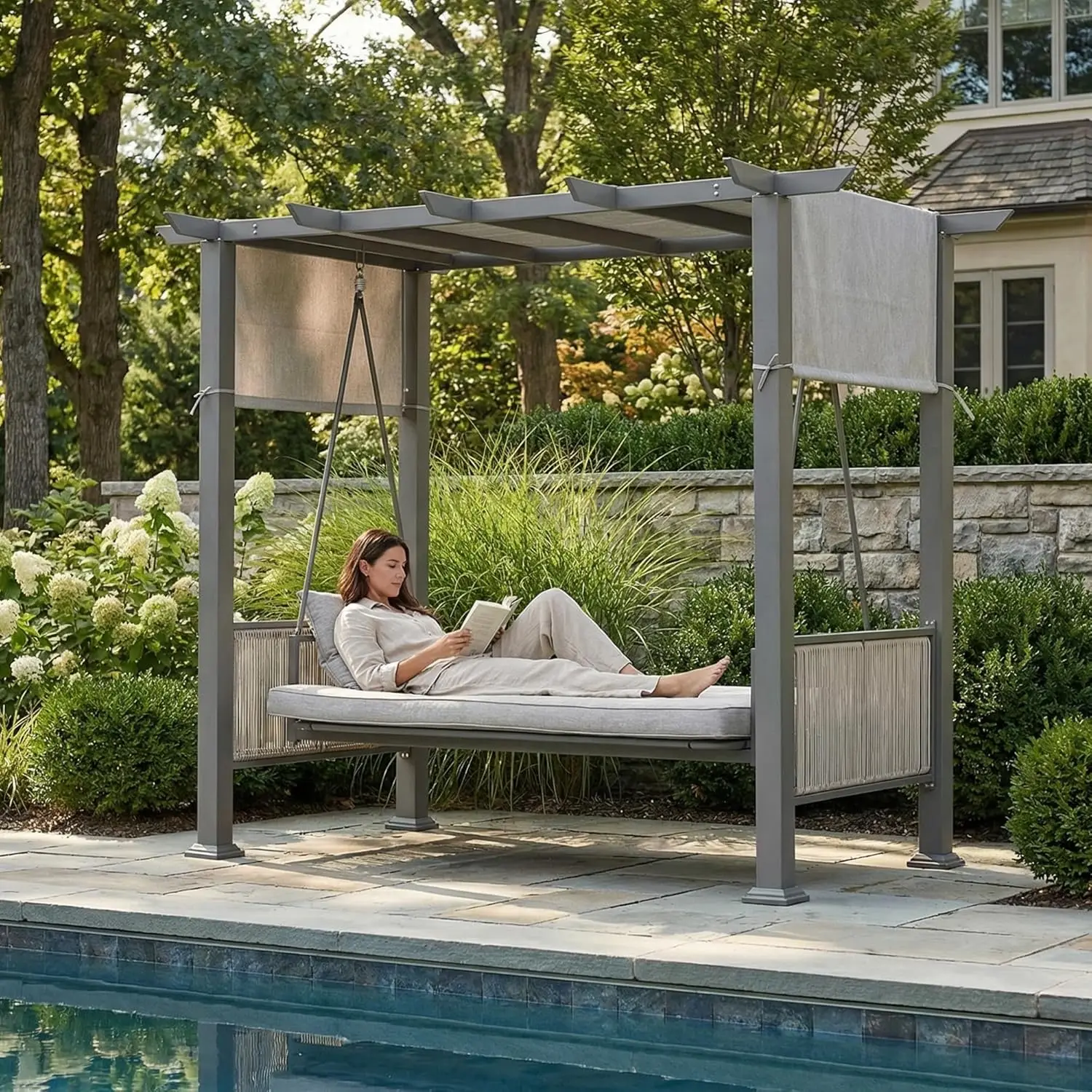 3-Seat Convertible Porch Swing Bed with Wicker Armrests, Adjustable Canopy for Balcony, Garden, Poolside – Gray
3-Seat Convertible Porch Swing Bed with Wicker Armrests, Adjustable Canopy for Balcony, Garden, Poolside – Gray
