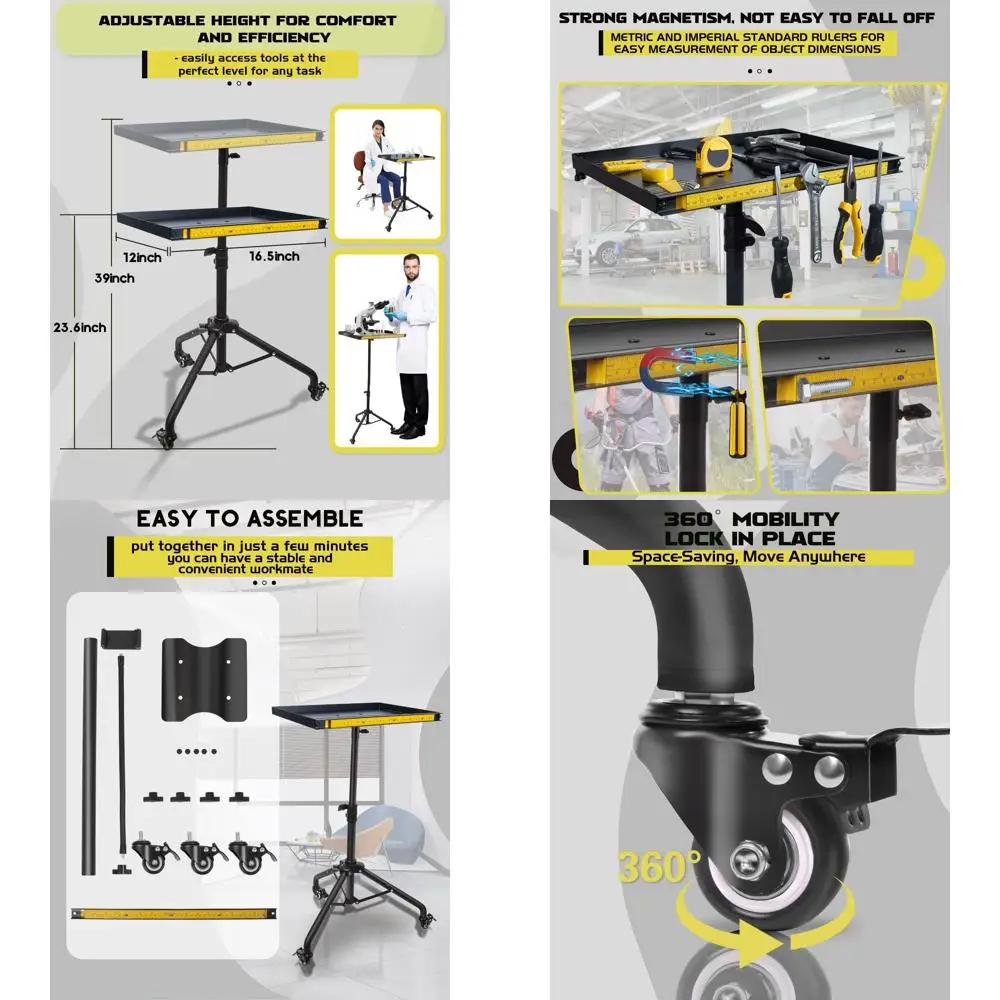 Portable Rolling Tool Cart with Phone Holder and Magnetic Ruler, Lightweight Mechanic Work Table Organizer for Garage Use