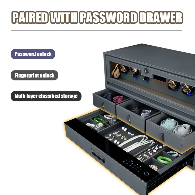 Wardrobe Leather Cabinet Jewelry Organizer Storage Smart Fingerprint Drawer Box with 6 Slots Watch Shaker Stand
Wardrobe Leather Cabinet Jewelry Organizer Storage Smart Fingerprint Drawer Box with 6 Slots Watch Shaker Stand