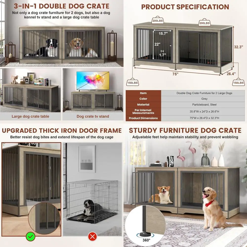 75 Grey 3-in-1 Large Dog Crate with TV Stand, Double Kennel for Two Dogs, Durable and Spacious
75 Grey 3-in-1 Large Dog Crate with TV Stand, Double Kennel for Two Dogs, Durable and Spacious