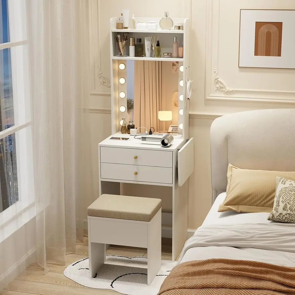 Compact Makeup Vanity Desk with Mirror, 3 Color Lights, Cushioned Stool, Storage, Power Outlets, White
Compact Makeup Vanity Desk with Mirror, 3 Color Lights, Cushioned Stool, Storage, Power Outlets, White