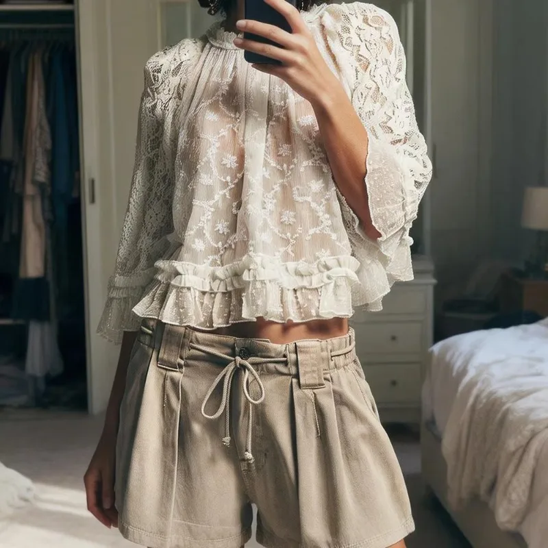Deeptown Vintage Women's Boho Trendy Lace Blouses Summer Long Flared Sleeve Round Neck Sheer See Through Blouse Retro Streetwear
Deeptown Vintage Women's Boho Trendy Lace Blouses Summer Long Flared Sleeve Round Neck Sheer See Through Blouse Retro Streetwear