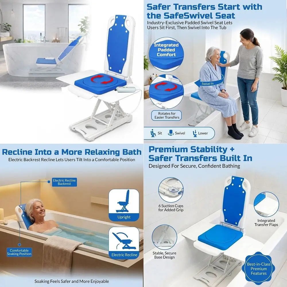 Tranquilo Premium Electric Bath Lift with Padded, SAFESWIVEL Rotating SEAT and Electric Recline. 300lb. Lifting Capacity and Ex
Tranquilo Premium Electric Bath Lift with Padded, SAFESWIVEL Rotating SEAT and Electric Recline. 300lb. Lifting Capacity and Ex