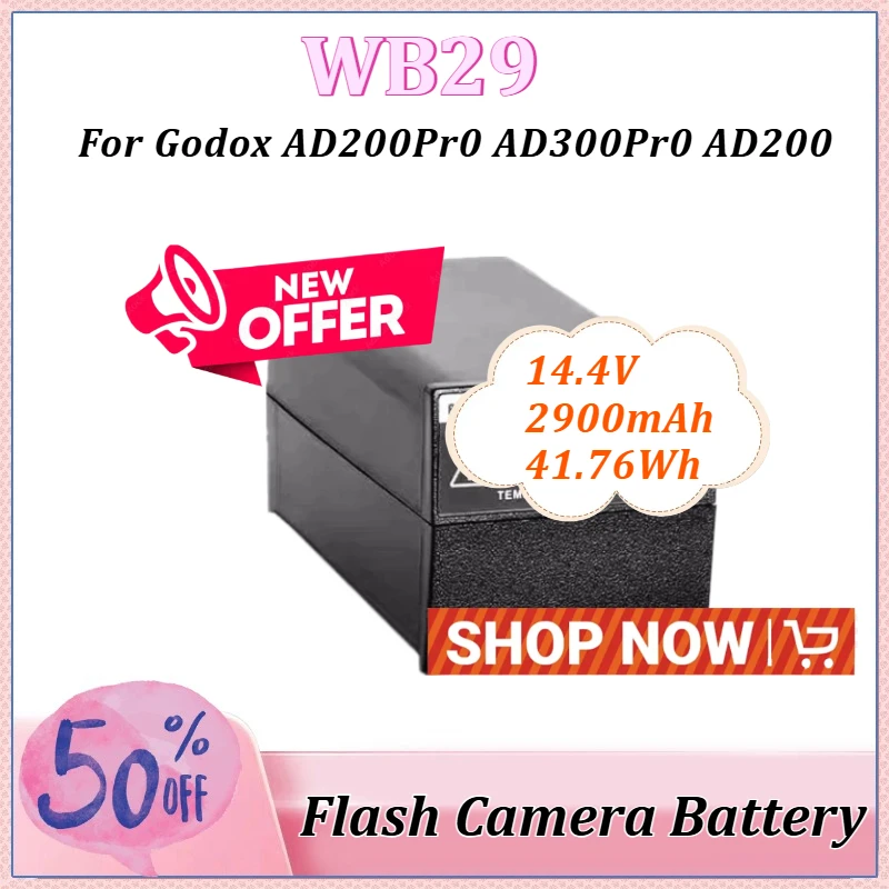 14.4V 2900mAh WB29 Replacement Battery for Godox Outdoor Pocket Flash AD200 AD200Pro AD300Pro External Camera Light Battery
14.4V 2900mAh WB29 Replacement Battery for Godox Outdoor Pocket Flash AD200 AD200Pro AD300Pro External Camera Light Battery