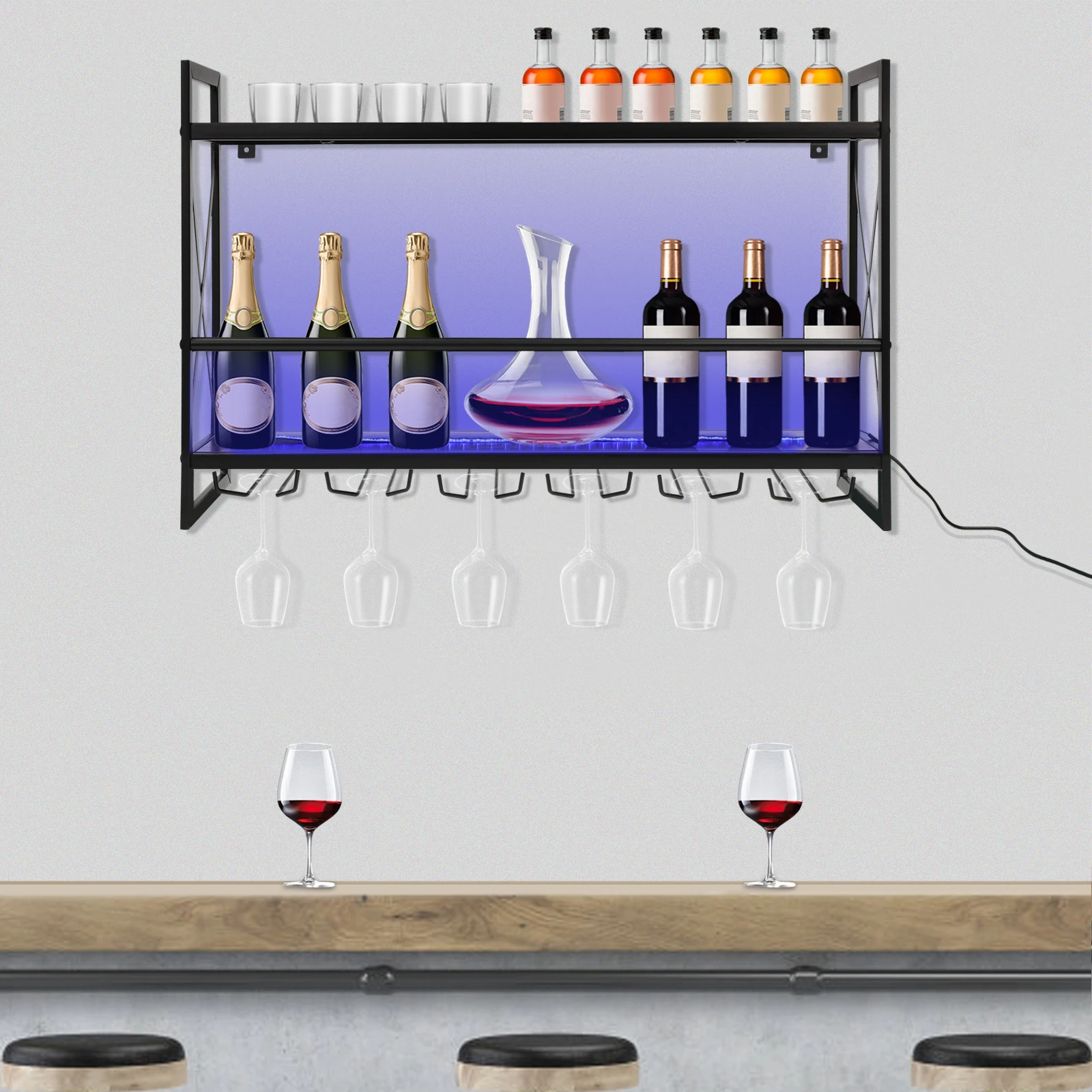 Bymaocar LED Wall-Mounted Wine Rack with Remote Control | 2-Tier Industrial Metal Hanging Wine Rack | 6 Stem Glass Holders
Bymaocar LED Wall-Mounted Wine Rack with Remote Control | 2-Tier Industrial Metal Hanging Wine Rack | 6 Stem Glass Holders