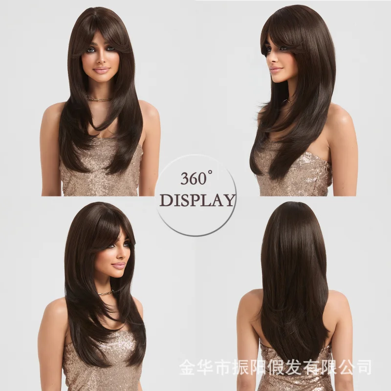 same style of dark brown long straight full wig with layered bangs smooth styleable for everyday use
same style of dark brown long straight full wig with layered bangs smooth styleable for everyday use
