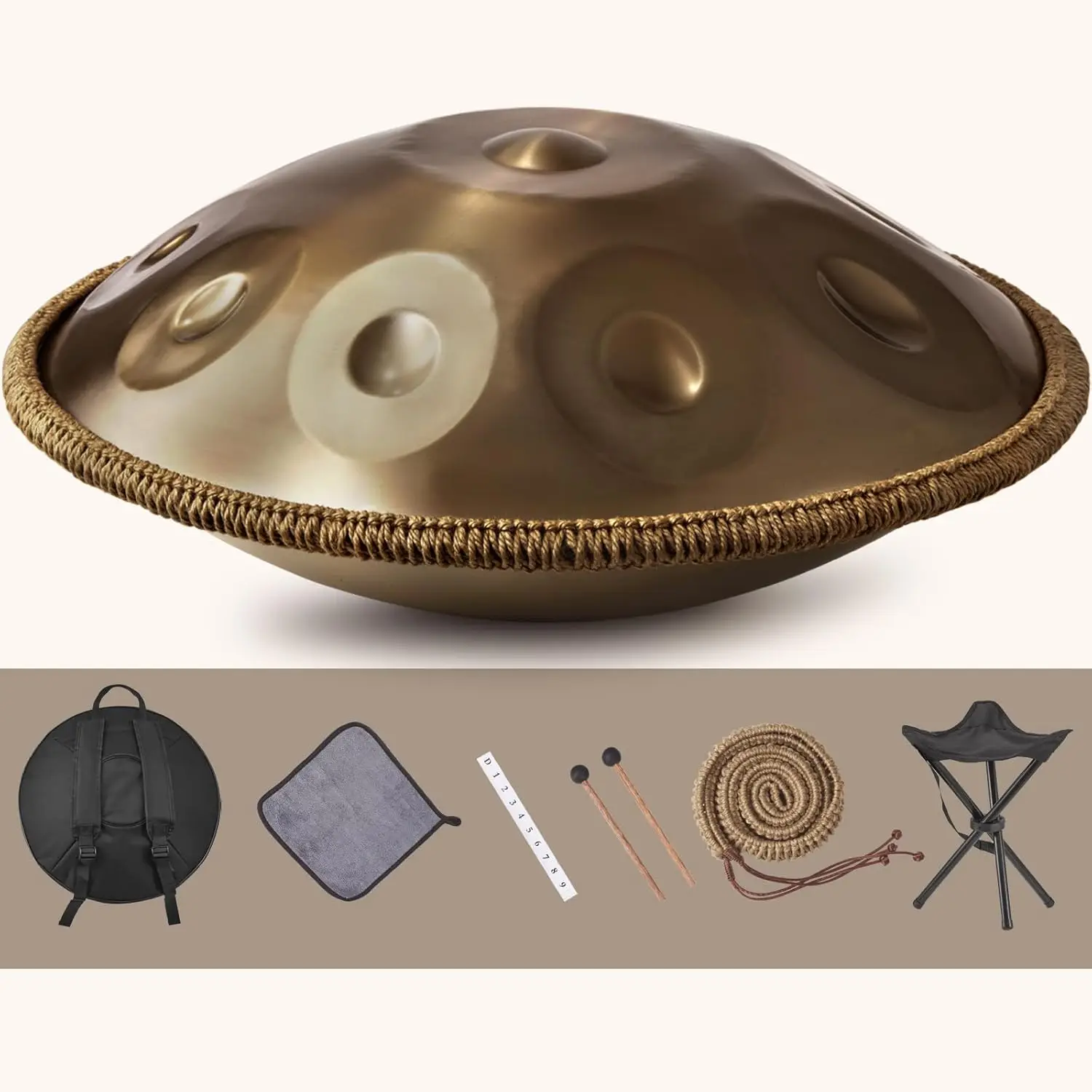 High-quality professional handpan drum suitable for adults, 22 inches, 9 notes D Kurd 440Hz.
High-quality professional handpan drum suitable for adults, 22 inches, 9 notes D Kurd 440Hz.