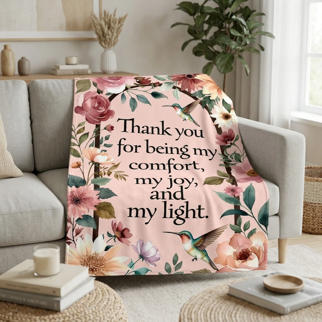 Blush Pink Rose & Hummingbird Flannel Throw Blanket, "Thank You for Being My Comfort, Joy & Light" Inspirational Gift Blanket
Blush Pink Rose & Hummingbird Flannel Throw Blanket, "Thank You for Being My Comfort, Joy & Light" Inspirational Gift Blanket