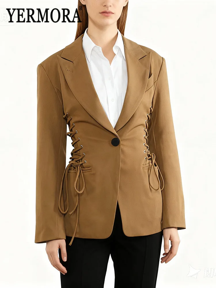 YERMORA Brown Bandage Waist Buckle Casual Blazer For Women Lapel Long Sleeve Loose New Jacket Fashion Tide Autumn Winter 2025
YERMORA Brown Bandage Waist Buckle Casual Blazer For Women Lapel Long Sleeve Loose New Jacket Fashion Tide Autumn Winter 2025