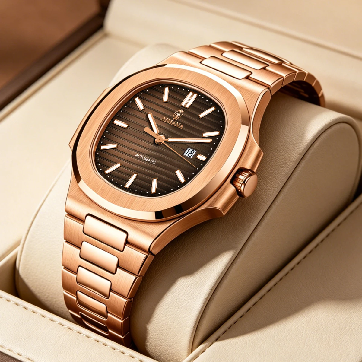 Luxury AIMANA Mens Automatic Watch Stainless Steel Strap Waterproof Luminous Date Calendar Rose Gold Nautilus Style Business Cas
Luxury AIMANA Mens Automatic Watch Stainless Steel Strap Waterproof Luminous Date Calendar Rose Gold Nautilus Style Business Cas