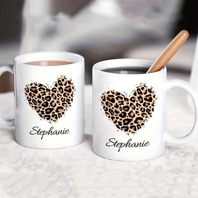 Personalized leopard print heart mug - a coffee mug that can be printed with your name.
Personalized leopard print heart mug - a coffee mug that can be printed with your name.