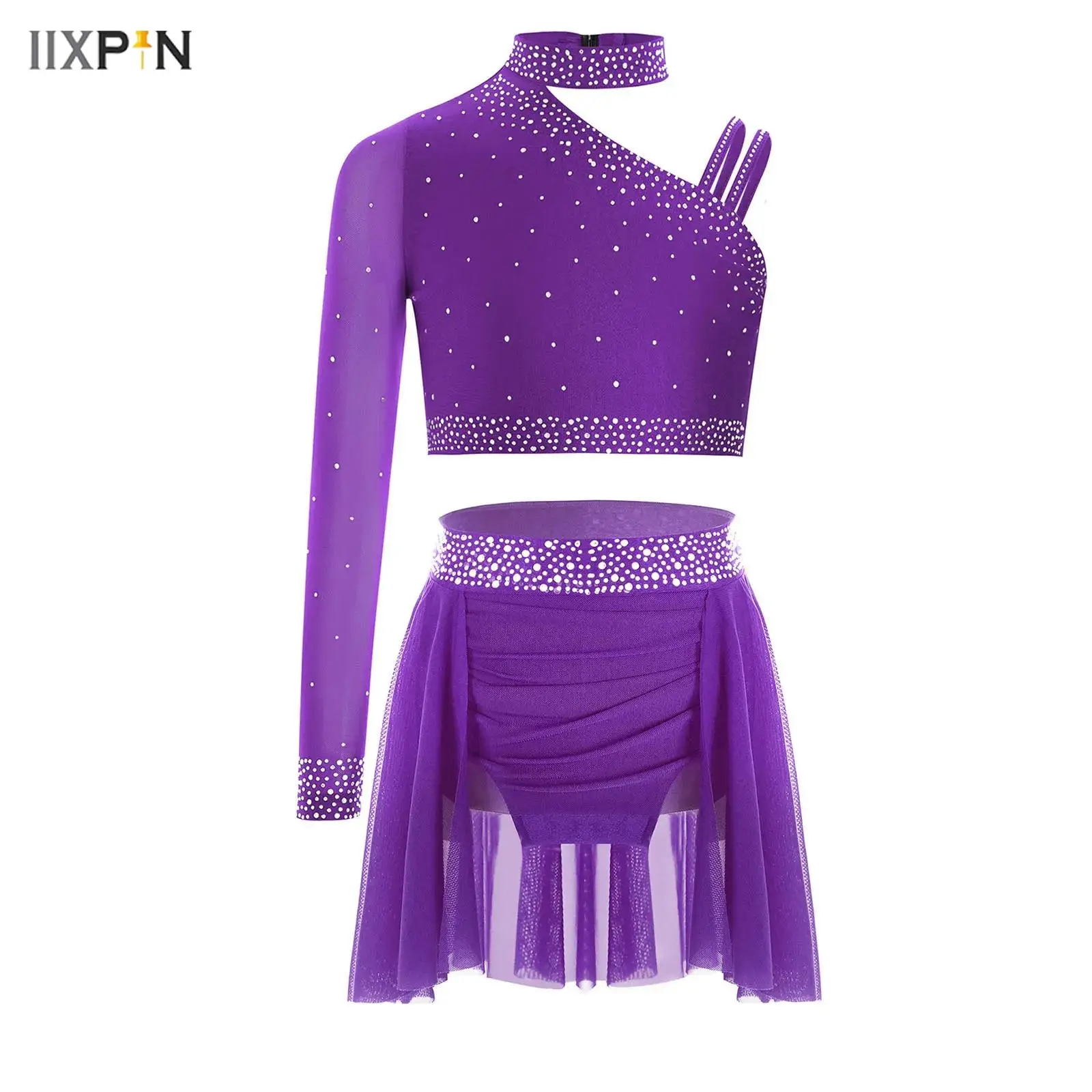 Kids Girls Jazz Dance Outfit Unique Irregular Shoulder Sparkly Rhinestones Crop Top with Skirt for Gymnastics Figure Skating
Kids Girls Jazz Dance Outfit Unique Irregular Shoulder Sparkly Rhinestones Crop Top with Skirt for Gymnastics Figure Skating