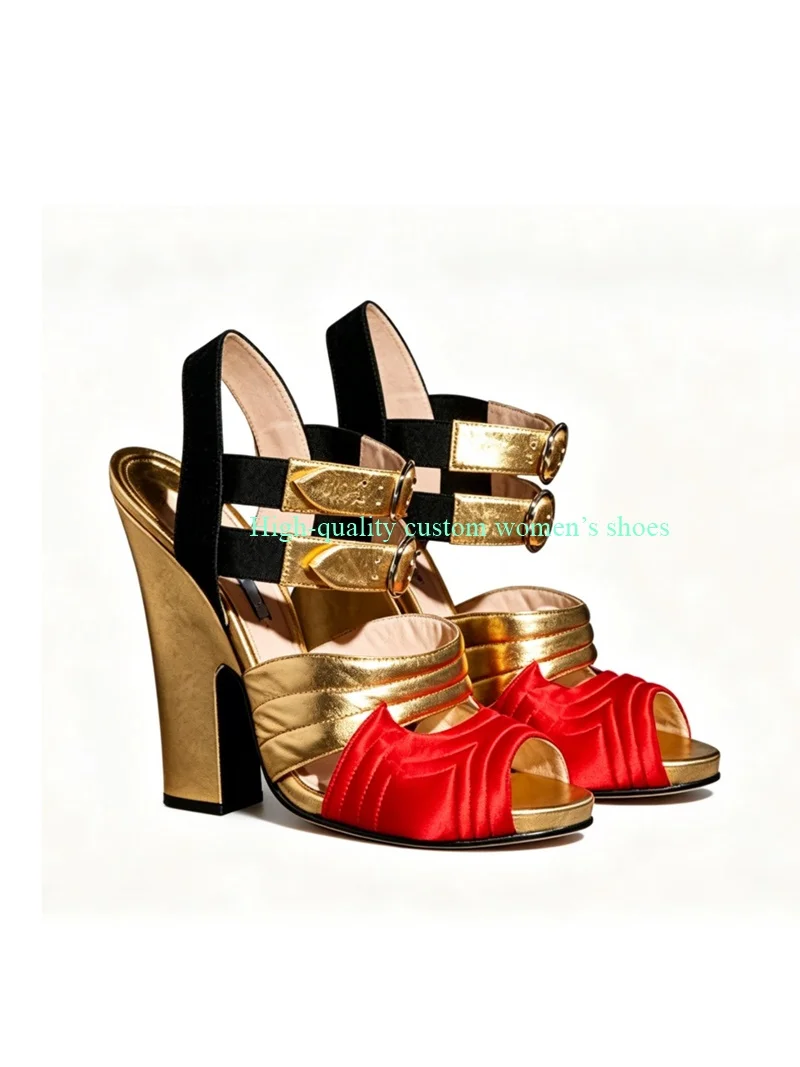 Embroidery On Shoe Upper Blue And Black Color-Blocked Open Toes Summer Gold Chunky Runway High Heels Banquet Luxury Sandals
Embroidery On Shoe Upper Blue And Black Color-Blocked Open Toes Summer Gold Chunky Runway High Heels Banquet Luxury Sandals