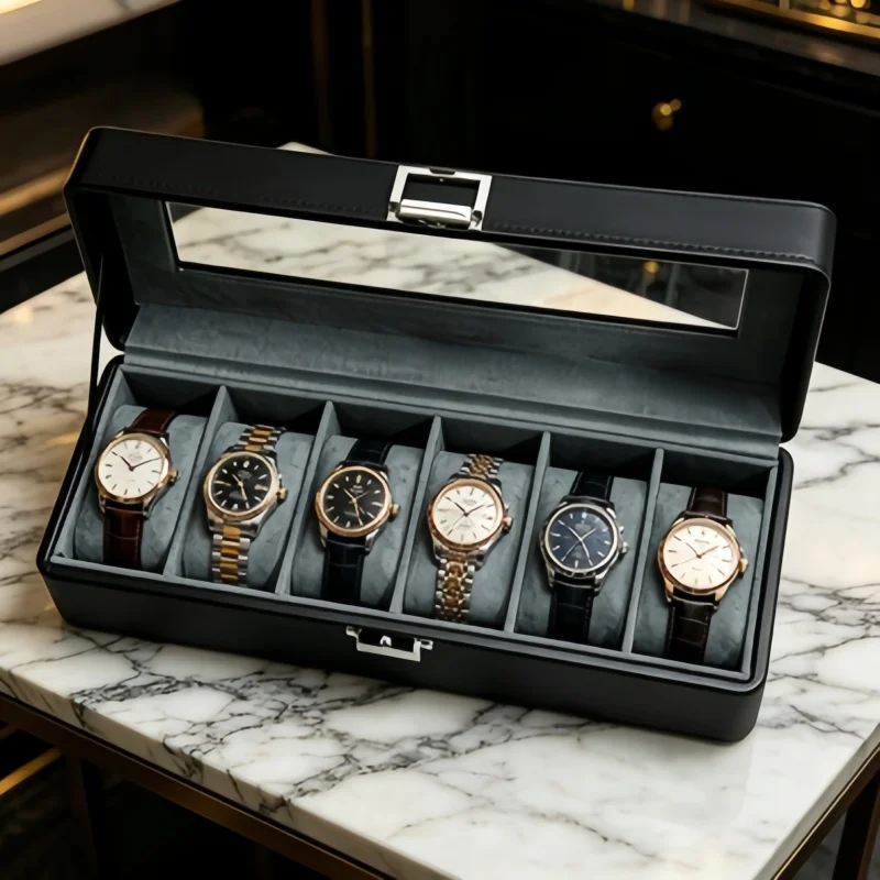 6 Slot Watch Display Case Lockable Leather, 3Pcs Set with 2 Spring Self-Closing Storage Pouches
6 Slot Watch Display Case Lockable Leather, 3Pcs Set with 2 Spring Self-Closing Storage Pouches