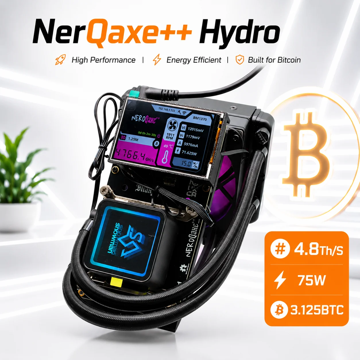 NerdQaxe++ Hydro 3.5inch Screen 4.8-6TH/s 75W BM1370 Chip SHA-256 Bitcoin Solo Lottery Miner With 12V 10A power supply
NerdQaxe++ Hydro 3.5inch Screen 4.8-6TH/s 75W BM1370 Chip SHA-256 Bitcoin Solo Lottery Miner With 12V 10A power supply