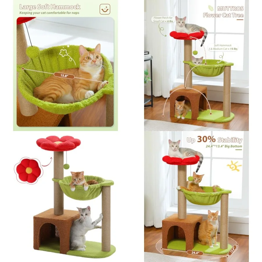 Flower Cat Tree with Sisal Scratching Posts, 35" Cute Cat Tower with Large Green Hammock for Small Indoor Cats, Cat Condo with
Flower Cat Tree with Sisal Scratching Posts, 35" Cute Cat Tower with Large Green Hammock for Small Indoor Cats, Cat Condo with