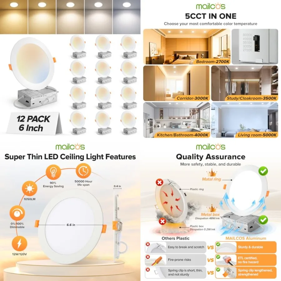12 Pack 6 Inch 5CCT Ultra-Thin LED Recessed Ceiling Light with Junction Box, 2700K-5000K Selectable, 1050LM High Brightness, Di
12 Pack 6 Inch 5CCT Ultra-Thin LED Recessed Ceiling Light with Junction Box, 2700K-5000K Selectable, 1050LM High Brightness, Di