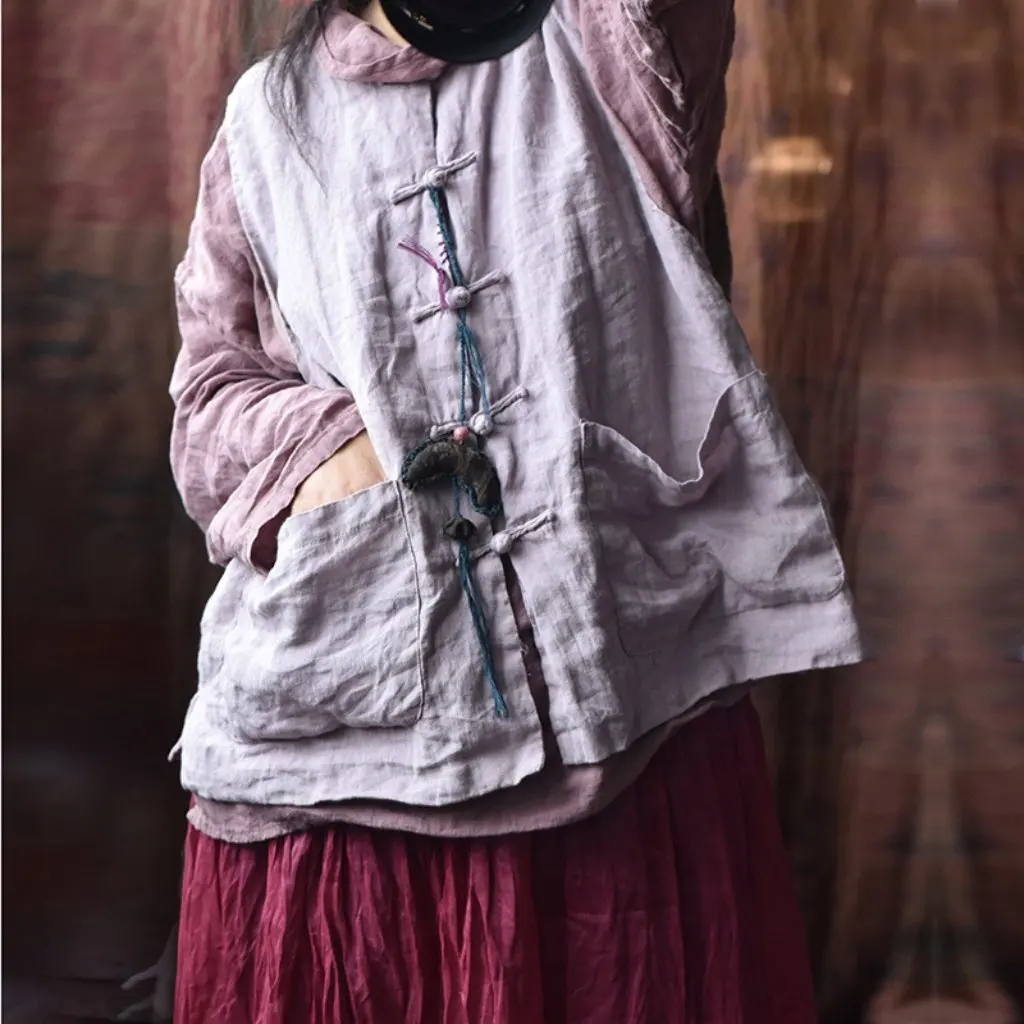 Women's Double-layer Washed Old Linen Vest Ethnic Style Vintage Four Seasons Vertical Collar Buckle Detailing 
Women's Double-layer Washed Old Linen Vest Ethnic Style Vintage Four Seasons Vertical Collar Buckle Detailing