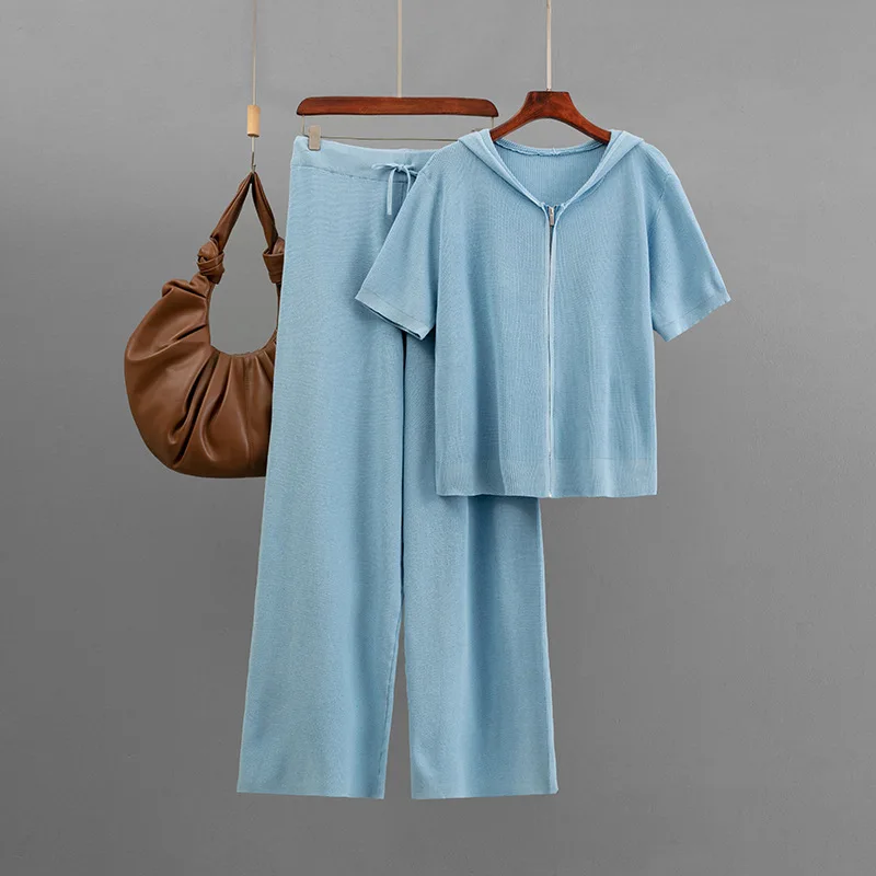 New Women Knitted Solid Color Loose Zipper Hooded Short-sleeved Top Set + Casual Wide-leg Pants Two-piece Set Spring Summer
New Women Knitted Solid Color Loose Zipper Hooded Short-sleeved Top Set + Casual Wide-leg Pants Two-piece Set Spring Summer