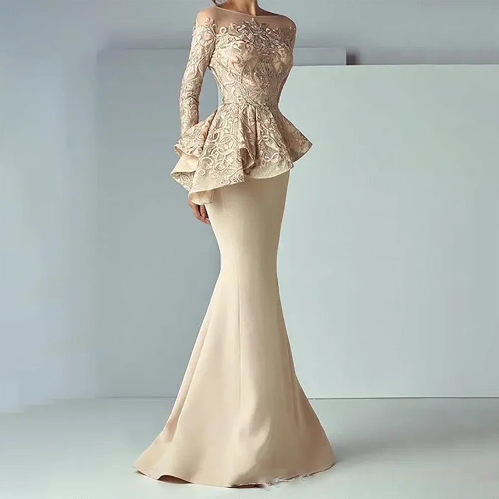 Champagne Lace Stain Long Formal Evening Dresses 2024 Dubai Arabic Sheer Neck Peplum Long Sleeve Mermaid Prom Dress Customized
Champagne Lace Stain Long Formal Evening Dresses 2024 Dubai Arabic Sheer Neck Peplum Long Sleeve Mermaid Prom Dress Customized