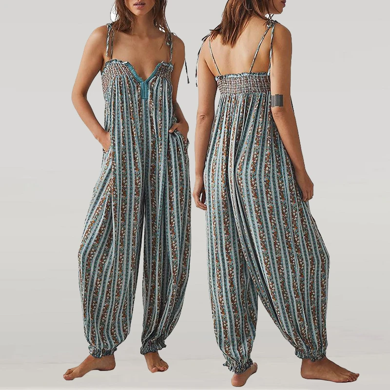 Vintage Pattern Print High Waist Summer Playsuits Elegant V-neck Tie-up Suspender Romper Casual Sleeveless Loose Women Jumpsuit
Vintage Pattern Print High Waist Summer Playsuits Elegant V-neck Tie-up Suspender Romper Casual Sleeveless Loose Women Jumpsuit