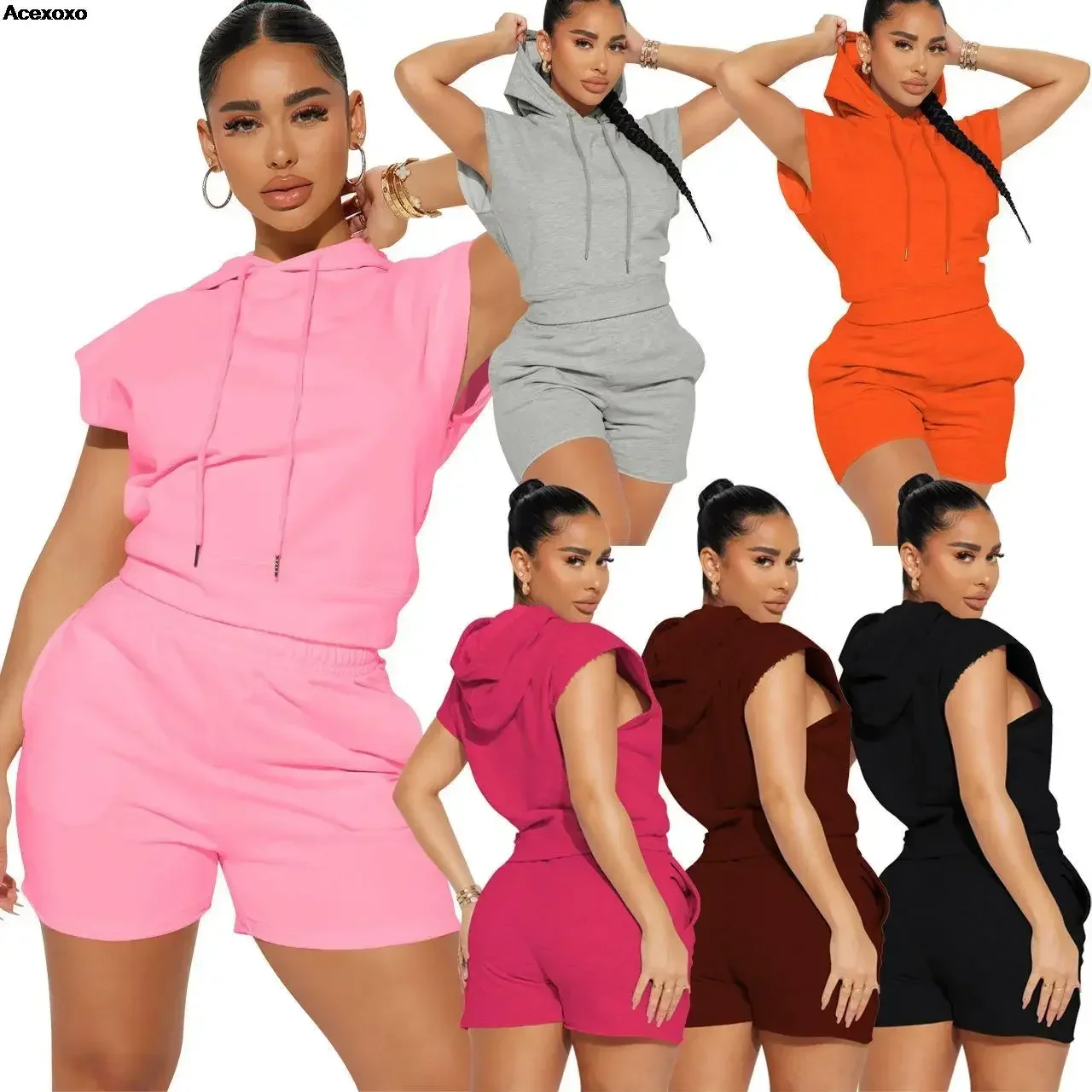 Summer new women's fashion casual solid color sleeveless sports hooded two-piece set
Summer new women's fashion casual solid color sleeveless sports hooded two-piece set