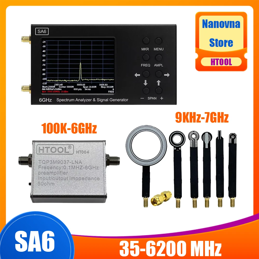 Nanovna SA6 Portable Spectrum Analyzer Signal Generator 35-6200Mhz Signal Measurement Boosters Amplifier Magnetic Field Probe
Nanovna SA6 Portable Spectrum Analyzer Signal Generator 35-6200Mhz Signal Measurement Boosters Amplifier Magnetic Field Probe