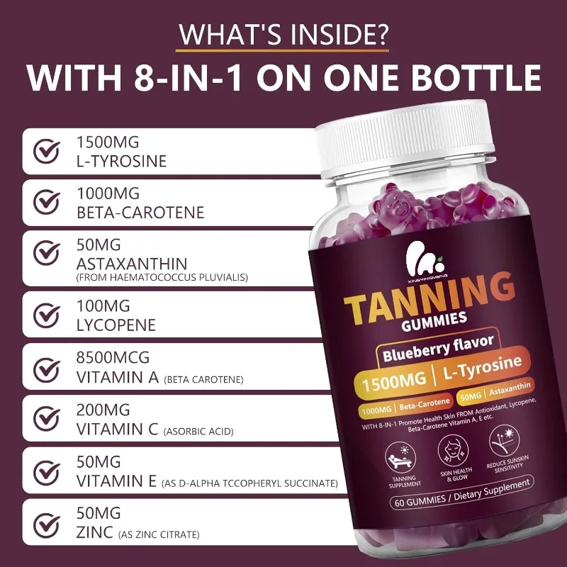 1500mg L-tyrosine 1000mg β - carotene, 50mg astaxanthin, 8500 mg vitamin A tanning supplement gummies
1500mg L-tyrosine 1000mg β - carotene, 50mg astaxanthin, 8500 mg vitamin A tanning supplement gummies