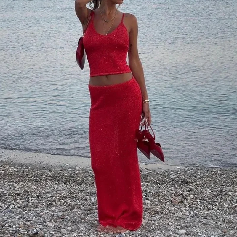 Women Sexy 2 Piece Knitted Outfit Sparkly Sequin V Neck Spaghetti Strap Crop Tops Camis Low Rise Long Maxi Skirt for Club Party
Women Sexy 2 Piece Knitted Outfit Sparkly Sequin V Neck Spaghetti Strap Crop Tops Camis Low Rise Long Maxi Skirt for Club Party