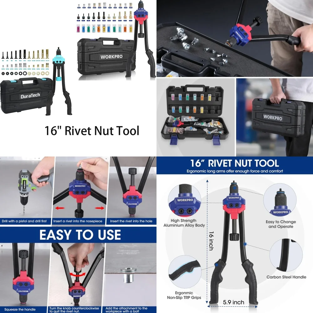 Hand Tool Sets16 Inch Rivet Nut Tool Kit with 11 Piece Metric and SAE Manual Riveter Set Includes Carrying Case