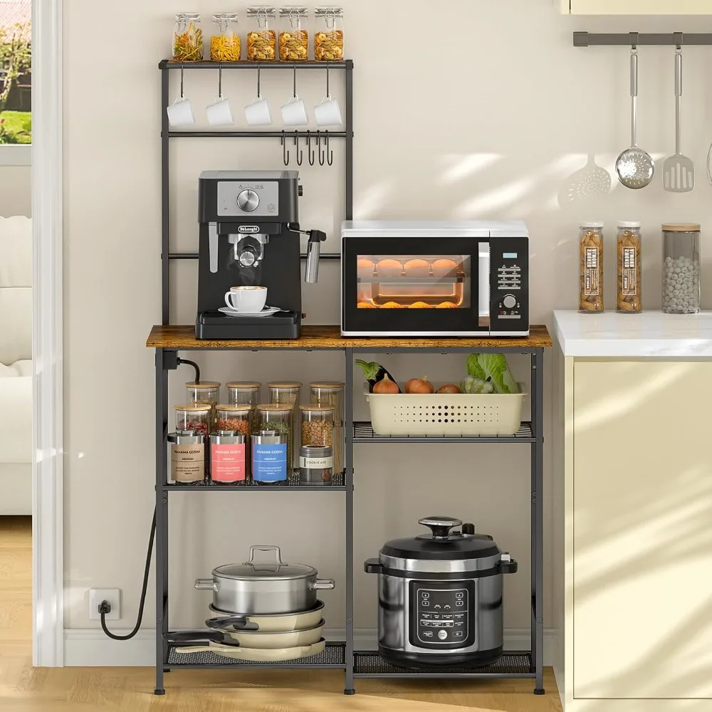 Bakers Rack with Power Outlet, Kitchen Microwave Stand with 10 S-shaped Hooks, 6-Tier Coffee Bar Station, Kitchen Storage Shelf
Bakers Rack with Power Outlet, Kitchen Microwave Stand with 10 S-shaped Hooks, 6-Tier Coffee Bar Station, Kitchen Storage Shelf