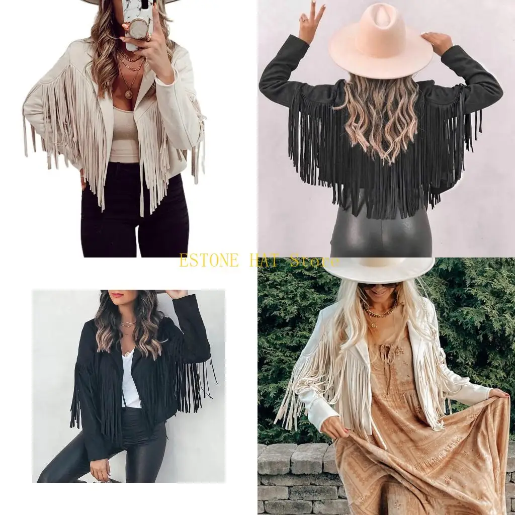 49MF Womens Punk Stylish Tassel Fringe Cropped for Jacket Notched Collar Open Front Faux Suede Leather Biker Streetwear
49MF Womens Punk Stylish Tassel Fringe Cropped for Jacket Notched Collar Open Front Faux Suede Leather Biker Streetwear