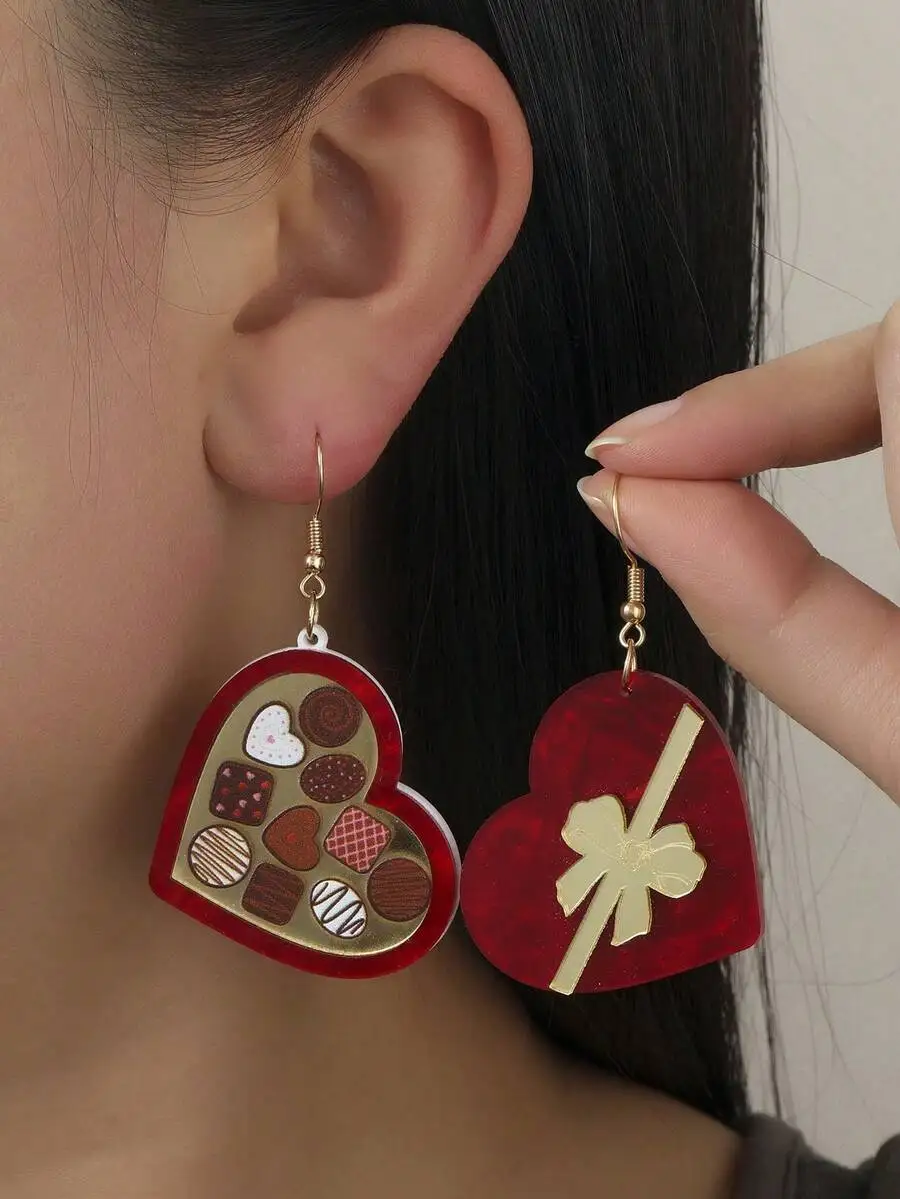Heart Shaped Acrylic Drop Earrings With Chocolate Box And Bow Design For Women
Heart Shaped Acrylic Drop Earrings With Chocolate Box And Bow Design For Women