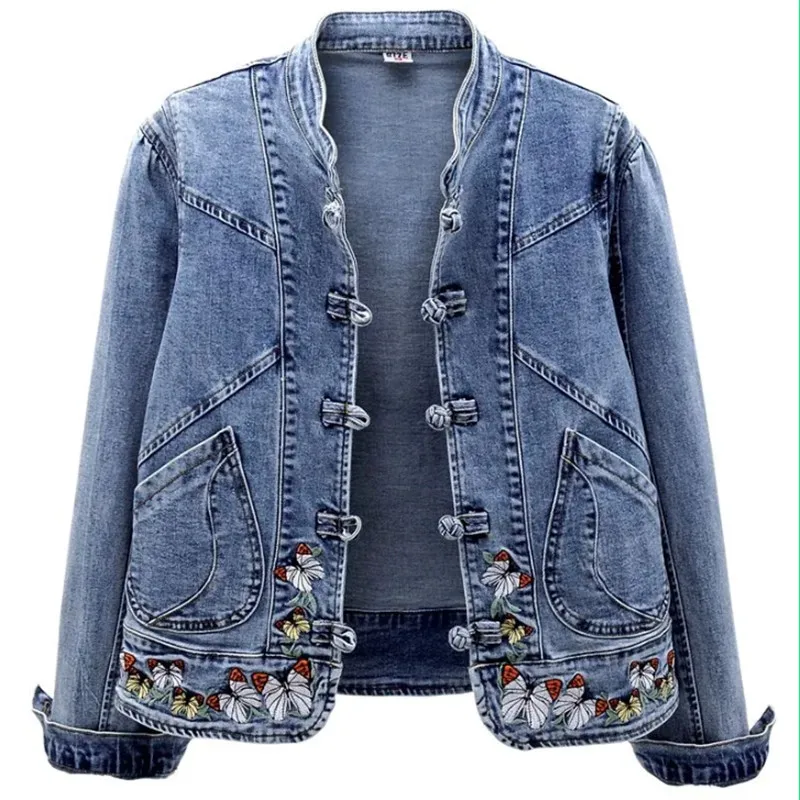 Spring Autumn Short Denim Jacket Women 2023 Fashion Retro Chinese Style Embroidery Coat Coil Buckle stand-up collar Tops Female
Spring Autumn Short Denim Jacket Women 2023 Fashion Retro Chinese Style Embroidery Coat Coil Buckle stand-up collar Tops Female