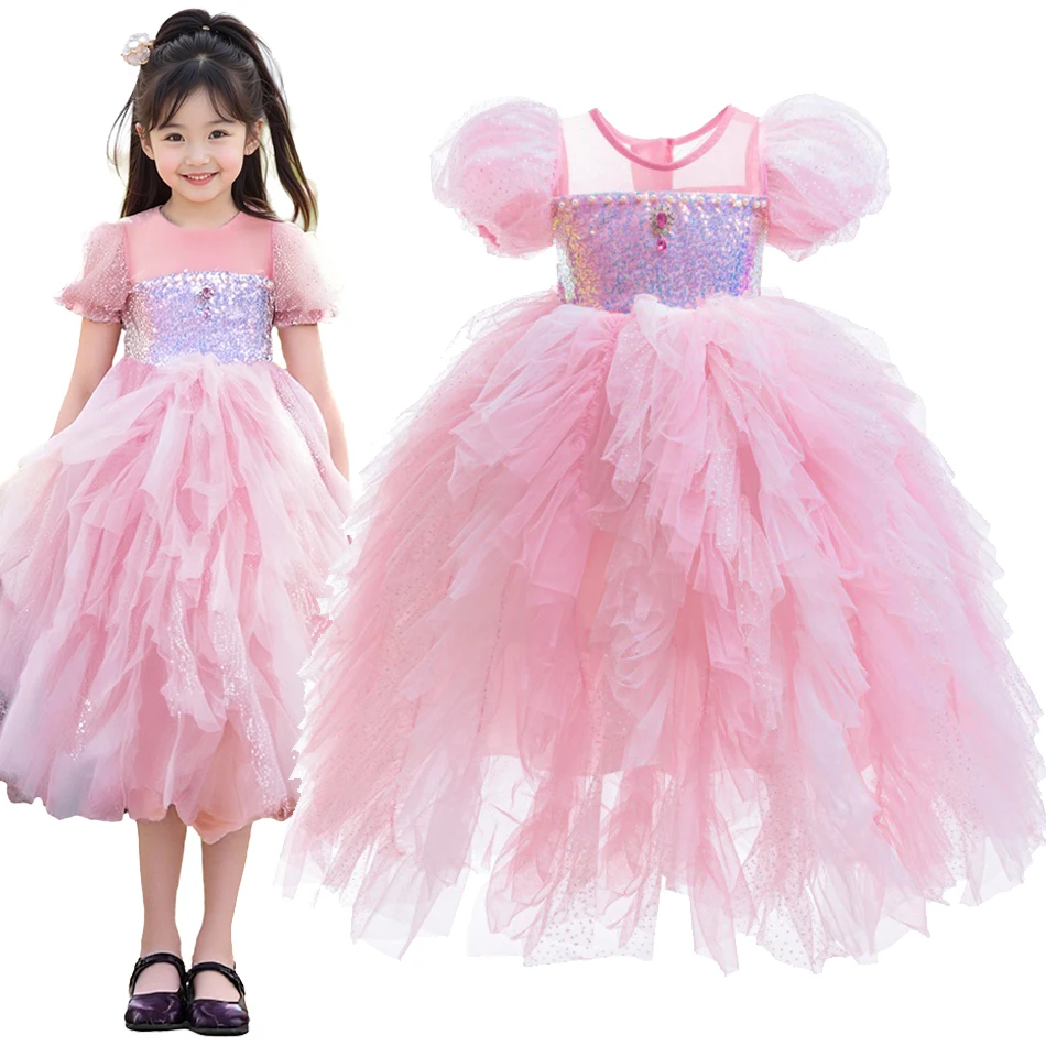 Свадебное платье с цветочным узором для девочек, детское розовое платье для дня рождения, пышное тюлевое платье принцессы, детская одежда для выступлений на сцене фортепиано
