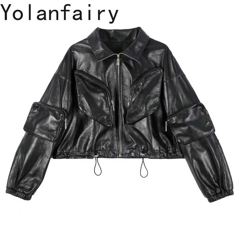 YOLANFAIRY New Real Sheepskin Short Coat Ladies Fall Long Sleeve Genuine Leather Jacket Women Leather Coats with Bellows Pockets
YOLANFAIRY New Real Sheepskin Short Coat Ladies Fall Long Sleeve Genuine Leather Jacket Women Leather Coats with Bellows Pockets