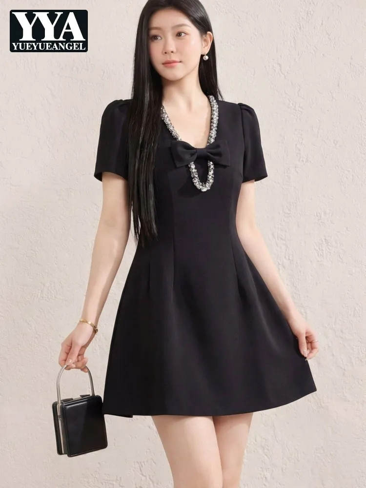Summer Elegant Ladies Banquet Black Dress V Neck Short Sleeve Diamonds Bowknot Sweet High Waist Fashion Women A Line Dress 4XL
Summer Elegant Ladies Banquet Black Dress V Neck Short Sleeve Diamonds Bowknot Sweet High Waist Fashion Women A Line Dress 4XL