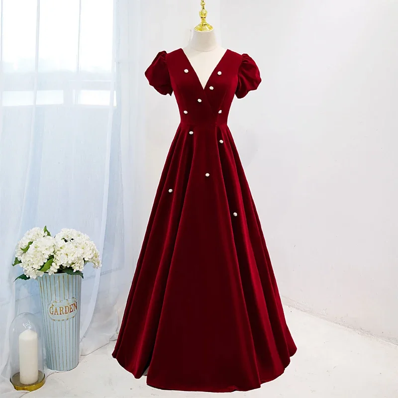 Customized Evening Dress Burgundy Flannel V-neck Short Sleeve Pleat Floor Length A-Line Plus Size Button Women party Formal Gown
Customized Evening Dress Burgundy Flannel V-neck Short Sleeve Pleat Floor Length A-Line Plus Size Button Women party Formal Gown