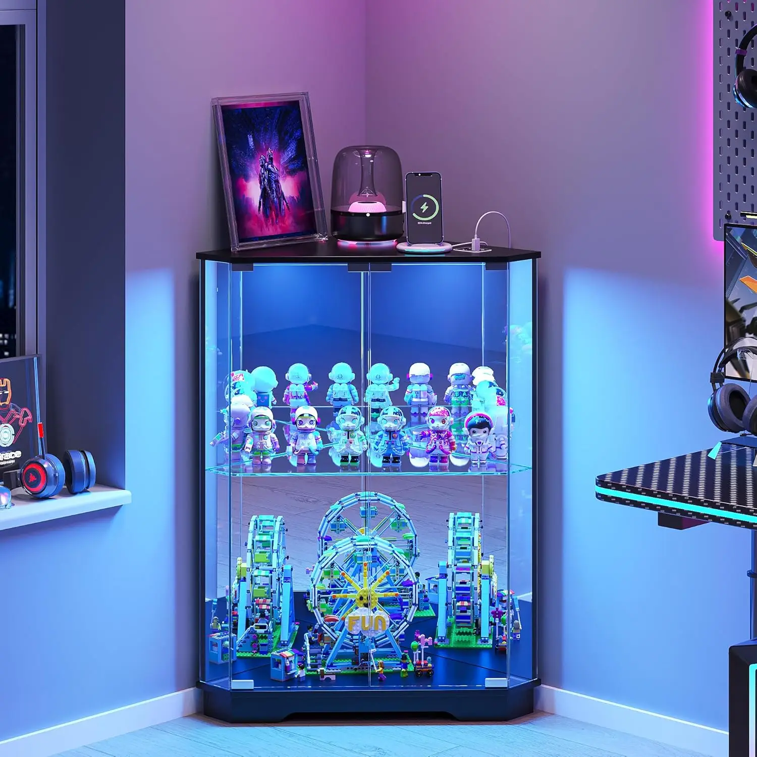 Corner Display Cabinet with Glass Doors, Small Display Case with 3-Color LED Lights and Charging Station, 2-Tier Curio Cabine
Corner Display Cabinet with Glass Doors, Small Display Case with 3-Color LED Lights and Charging Station, 2-Tier Curio Cabine