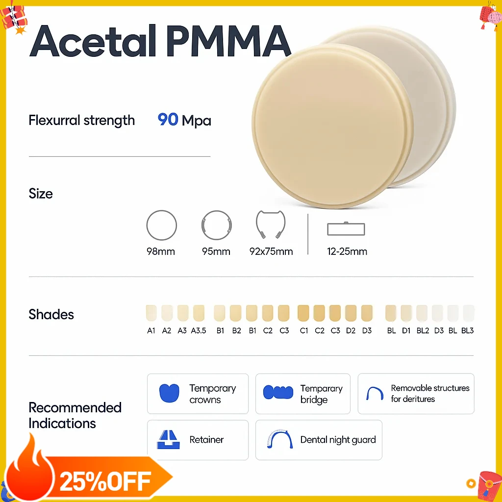 SmileZir 98mm Dental Acetal PMMA Block Temporary Flexible PMMA Resin For CADCAM Dental Laboratory Use Vita16 color PMMA Disc
SmileZir 98mm Dental Acetal PMMA Block Temporary Flexible PMMA Resin For CADCAM Dental Laboratory Use Vita16 color PMMA Disc